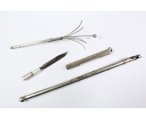 Silver long-stemmed ink pen, London hallmark, dated 1898 mm rubbed, together with a vintage silver swivel stick Birmigham hal