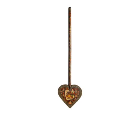 A KASHMIR LACQUERED AND PAINTED FAN, CIRCA 1880 with heart shaped terminal, profusely decorated with Hindu deities and other 