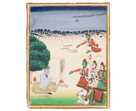 FOUR INDIAN PAINTINGS, 19TH CENTURY including a manuscript folio, possibly from an edition of the Mahabharata, a visit to a S