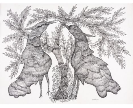 JANGARH SINGH SHYAM, INDIAN, (1962-2001) Two Birds by a Tree, black ink drawing on paper, signed and dated 1996, 55 x 71cmPro