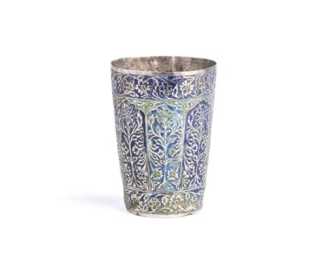 AN ENAMELLED SILVER BEAKER, PROBABLY KANGRA, HIMACHAL PRADESH, CIRCA 1900 of gently flared cylindrical form, the sides decora