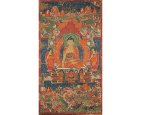 A THANG-KA DEPICTING BUDDHA, TIBET, 18TH CENTURY pigment and gold on cloth, the central figure seated on a lotus throne withi