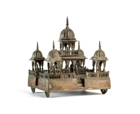 A MODEL SHRINE, NORTHERN INDIA, 19TH CENTURY brass, of square form, with central two storey chattri, surrounded by four small