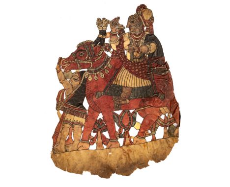 A SHADOW PUPPET, DECCAN, SOUTHERN INDIA, 19TH CENTURY painted, cut and pierced vellum, depicting a nobleman riding a buffalo,