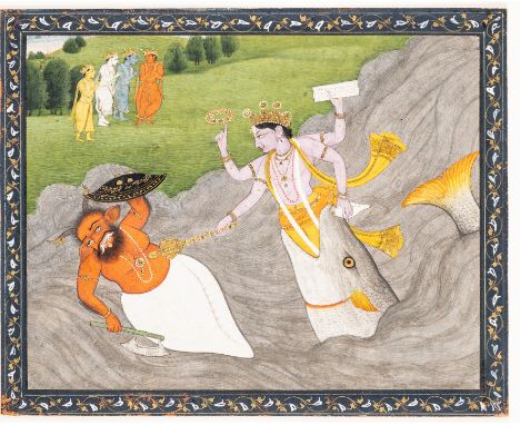 MATSYA RECOVERS THE VEDAS FROM DAMANAKA, KANGRA, CIRCA 1830 gouache with gold on paper, the fish incarnation of Vishnu holdin