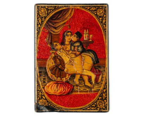 A QAJAR LACQUERED PAPIER MACHE PLAYING CARD, PERSIA, 19TH CENTURY of rectangular form, with painted erotic scene in opulent i