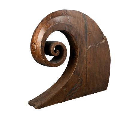 A CARVED WOOD PROW FROM A KERALAN CANOE, SOUTH INDIA, CIRCA 19TH CENTURY of tapered scrolling form, the sides and inward face