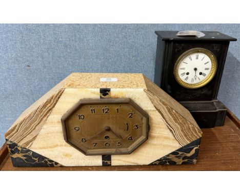 A 19th Century French Belge noir mantel clock and an Art Deco marble mantel clock 