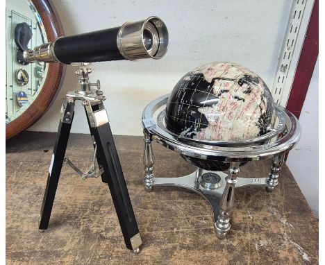 A faux semi-precious stone terrestrial globe, on a chrome stand with compass and an ornate telescope 
