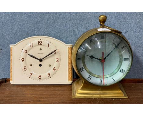 A brass cased ships style mantle clock and a ceramic Ingersol clock 