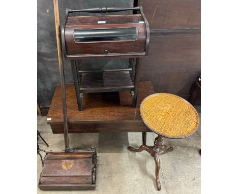 A small display cabinet, a Ewbank vintage floor sweeper, a sewing box and a tripod table 