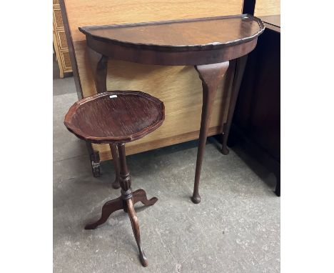A mahogany tripod wine table and a demi lune hall table 
