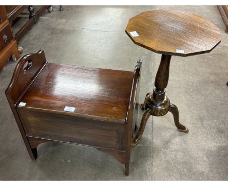 An oak decagon tripod table and a mahogany sewing box 