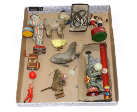 Various Tin Toys including US-Zone Circus elephant, (boxed) Drum playing clown with celluloid head, Fairylight Express Boy an