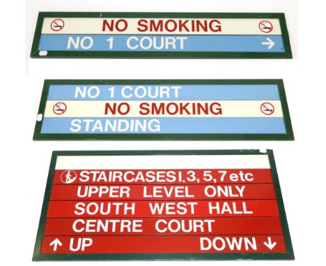 Wimbledon Wall Mounted Enamel Signage 'Staircases 1,3,5,7 etc' six part sign 39x20'', 100x50cm, No.1 Court / No Smoking / Sta