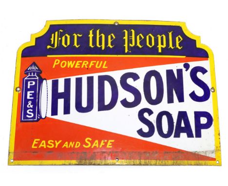 Hudson Soap Enamel Advertising Sign 'Powerful Easy and Safe', with shaped top 19x14'', 48x36cm (G-F)