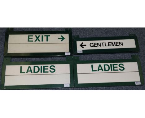 Wimbledon Overhead Enamel Signage two 'Ladies' and one 'Exit' each 20x8'', 50x20cm and 'Gentlemen' 20x5'', 50x13cm each with 