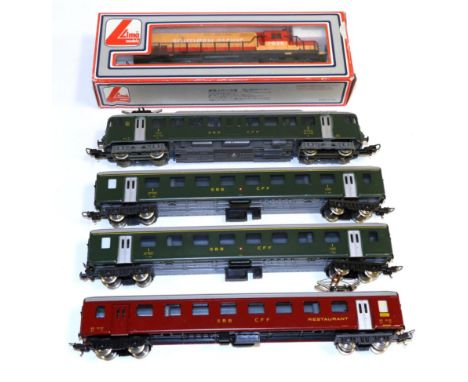 Lima HO Gauge SBB CFF Railcar together with three SBB CFF coaches (all E-G) and a Southern Pacific Diesel electric locomotive