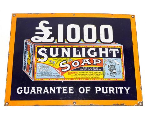 Sunlight Soap Enamel Advertising Sign '£1000 Guarantee of Purity' with colour depiction of soap packet 20x15'', 51x38cm