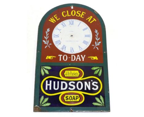 Hudson Soap Enamel Advertising Sign with arched top and clock face showing shop closing times (lacks hands) 18'', 46cm high (