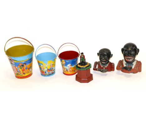 Cast Iron Octagonal Storage Container with a pirate on a barrel on lid, two money banks and three Chad Valley tin buckets