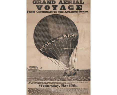 Star Of The West Ballooning Poster 'Grand Aerial Voyage' 1835 monochrome, depicting the balloon landing on water with a paddl
