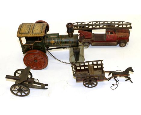 Various Tin Toys c/w Road Roller (non-original chimney) Fire engine, Horse and cart and a Cannon (all F) (4)