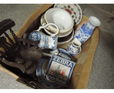 A box of mixed ceramics including blue and white and advertising ceramic tile etc