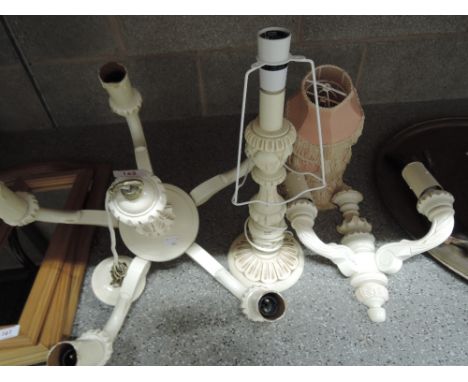A five stem treen light fitting, table lamp and wall sconce