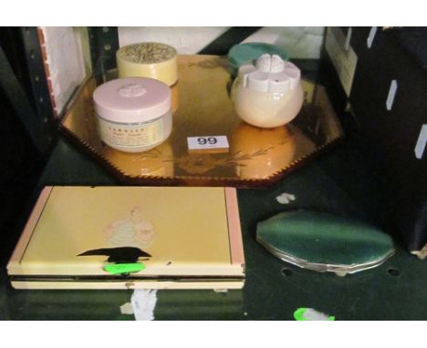 A 1930's pink mirrored stand, two vintage Yardley cream pots and two others, 1930's make up case and a Rowenta compact
