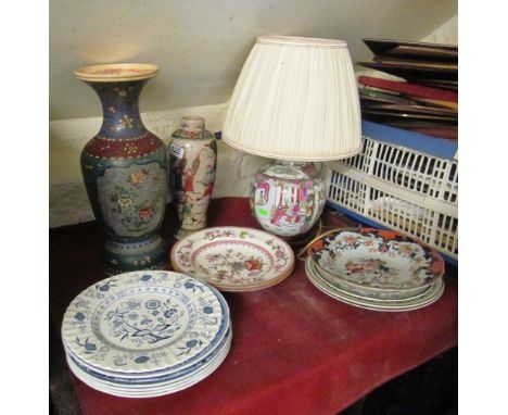 Blue and white and other plates, oriental lamp and two vases