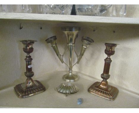 A pair of Sheffield plated telescopic candlesticks Mortons patent (rubbed), an epergne and shell dish