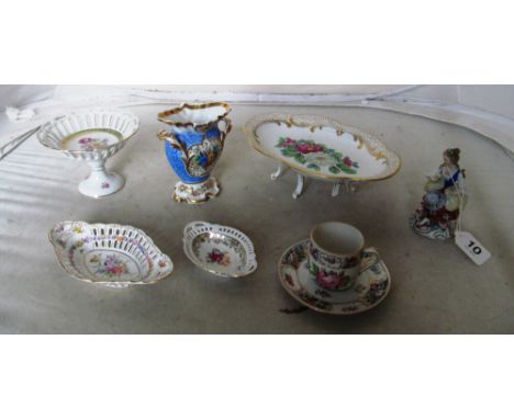 A Dresden small pierced edge dish decorated flowers, Dresden cup and saucer and other decorative china (slightly a/f) includi