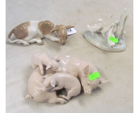 A Lladro pig group, cow and Nao geese