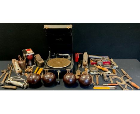 A Mayfair DeLuxe portable gramophone, black case;  Pifco lantern;  hand tools inc Millers Fall plane , spanners etc 