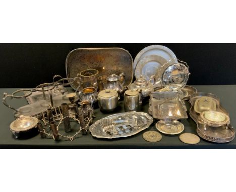 Plated ware - A naturalistic epbm candle holder/epergne stand; three piece silver plated tea service, galleried tray, art dec