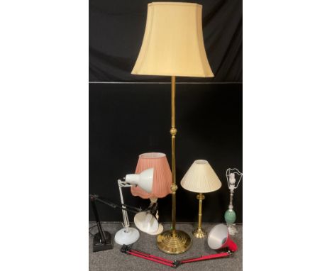 A Brass standard lamp, three angle poise lamps, one with fixed mount; three table lamps (7) 