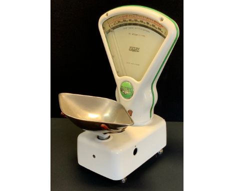 A set of Avery shop scales, in white, from 0-1kG or 2LBs, 56cm high. 