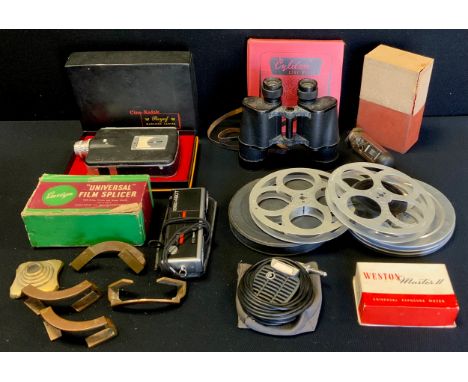 Cameras - Kodak Royal 16mm Movie maker, with instructions and box, Cyldon Cine Reels, Universal film splicer, Weston Master I