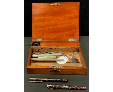 Pens &amp; writing Equipment - Waterman's Ideal fountain pen, marbleised case in tones of red, black, and grey;  others Osmir