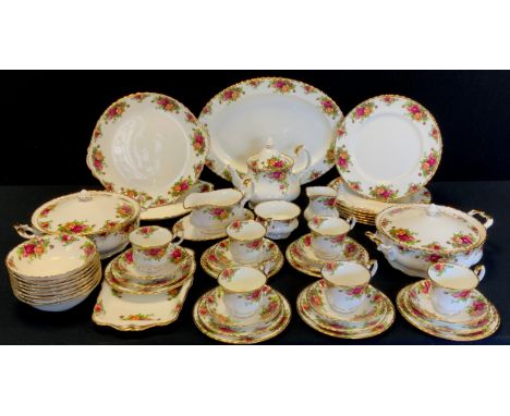 A Royal Albert Old Country Rose pattern dinner and tea set, for six inc two tureens and covers,  oval meat plate, dinner plat