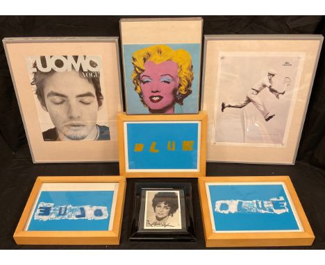 Elizabeth Taylor, signed black and white photograph;  Andy Warhol, after, Marilyn Monroe pop art, Perspex frame;  set of thre