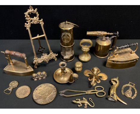 Boxes and objects - Brass - An Eccles Miner’s lamp, type 6;  a  Max Sievert of Stockholm vintage blow lamp;  brass irons, Fre