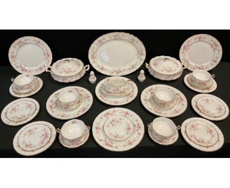 A Paragon Victoriana Rose table service for six - dinner, side and tea plates, soup bowls, gravy boat with dish, large oval p