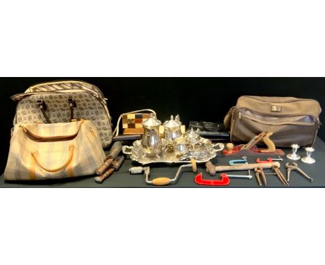 Boxes &amp; Objects - two kukri knives;  planes and hand tools;  Canpelle leather coat, size SX, Suzy  Smith snakeskin and le