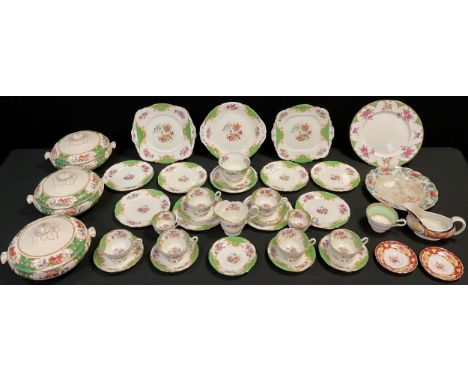 A Paragon Rockingham pattern part tea service - six cups and saucers, 9 tea plates, pair of dinner plates, cake dish, milk ju