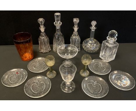 Glass - A Pair of Victorian glass decanters; German hop glasses; a glass commemorating Elizabeth II coronation capsuled stem 