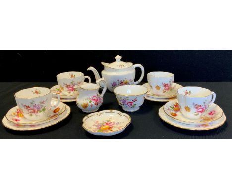 A Royal Crown Derby, 'Derby Posies' tea service for four comprising teapot, four tea cups, saucers, side plates, milk jug, su