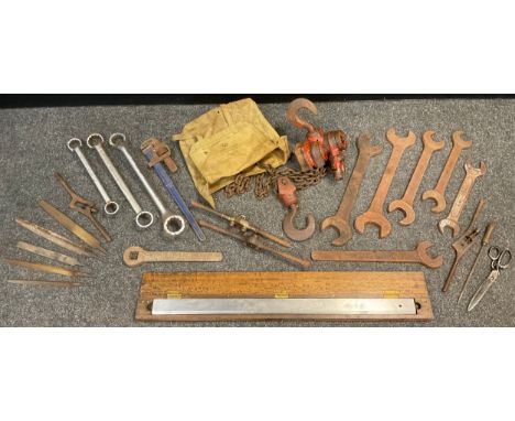 Tools - Engineering and possible railway interest - 5 ton chain hoist; very large heavy duty spanners, (possibly railway rela