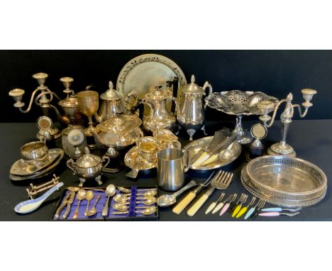 A Viner's Sheffield silver plated four piece tea set;  another A1 plate;  Art Deco oval entrée dish, stainless steel shipping